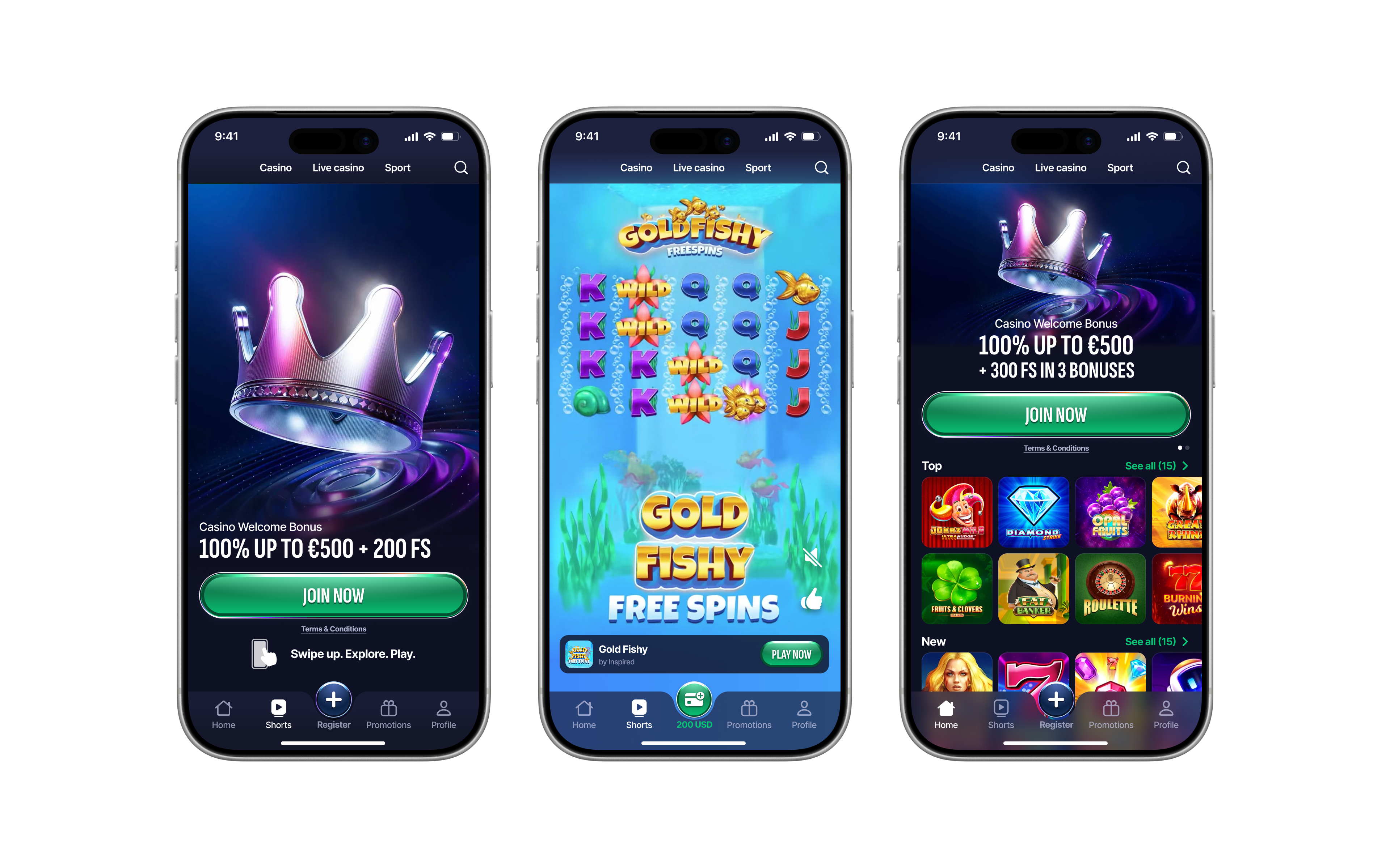 Swiper casino app interfaces